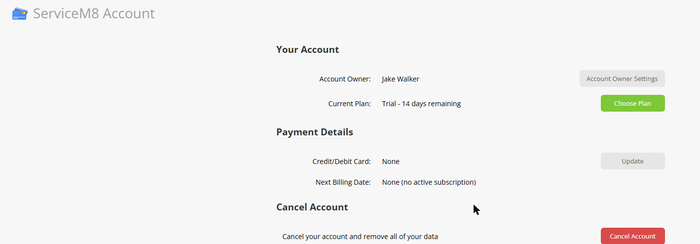ServiceM8 Account page showing 'Trial - 14 days remaining', no credit/debit card on file, and no active subscription.