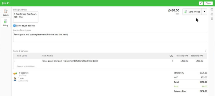 ServiceM8 Billing tab showing the invoice generated from the accepted fictional quote: £450.00 total, £0.00 paid, £450.00 balance due.