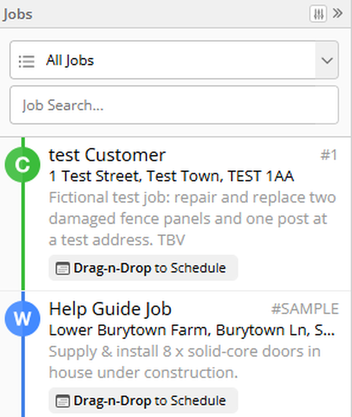 ServiceM8 Jobs sidebar showing the fictional test customer's completed job alongside the account's pre-existing sample job.