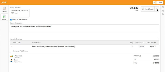 ServiceM8 Billing tab showing a saved fictional quote: one line item, £450.00 total including VAT.