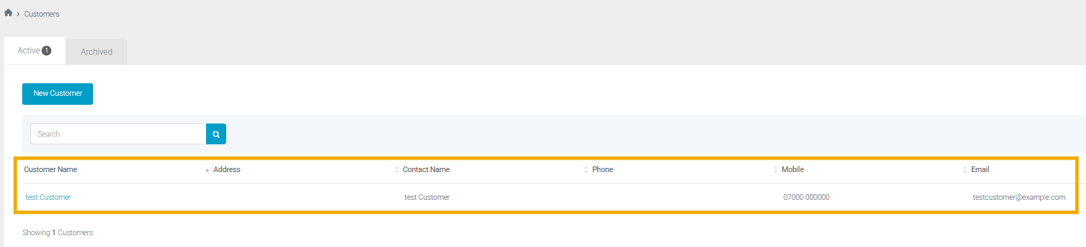 Tradify Customers screen showing one fictional test customer in a TBV trial account.