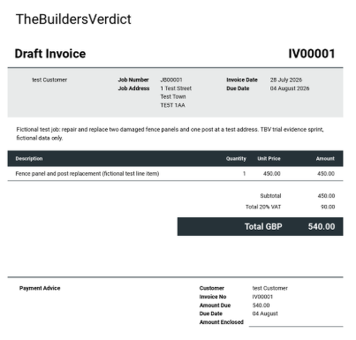 Tradify Draft Invoice preview document IV00001 for a fictional test customer, generated from the accepted quote, showing a £540.00 total and payment advice section.