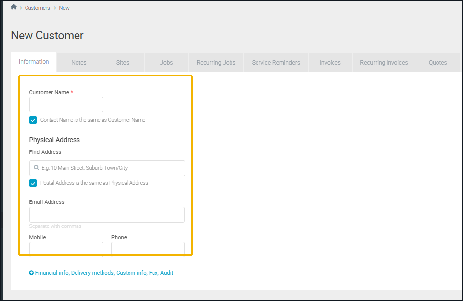 Tradify New Customer form showing customer name, address, email and phone fields.