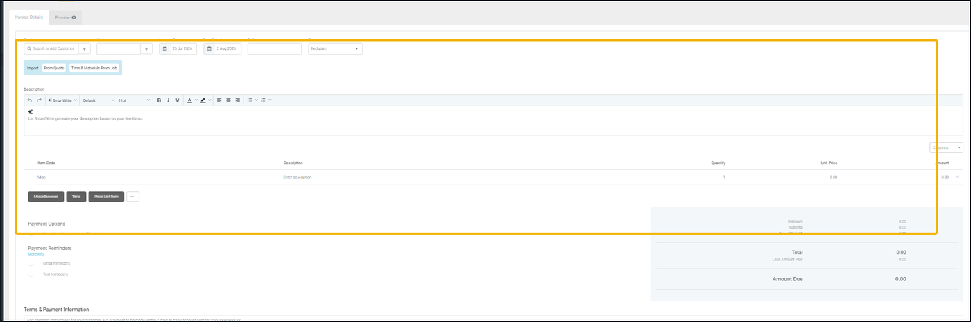 Tradify New Invoice screen showing customer, dates, line items, totals and payment options.