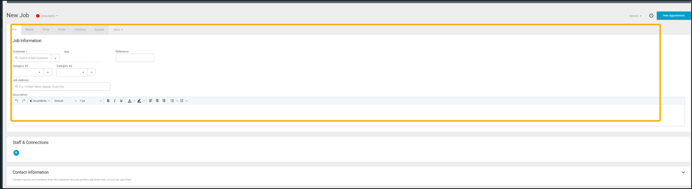 Tradify New Job screen showing customer, category, address and description fields.