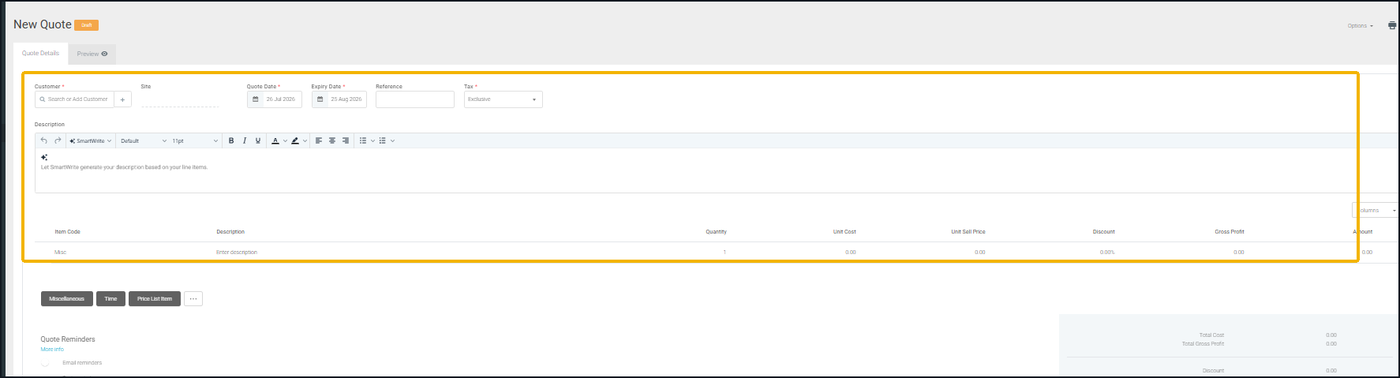 Tradify New Quote screen showing customer, dates, description and line-item fields.