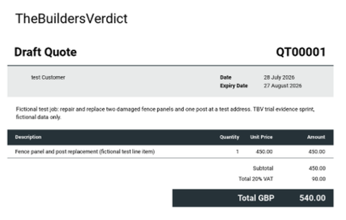 Tradify Draft Quote preview document QT00001 for a fictional test customer, showing a fence-repair line item and a £540.00 total.